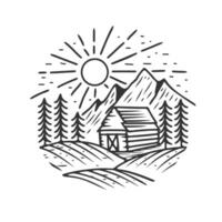 stuga logotyp. trä- stuga illustration design i berg och tall träd landskap vektor