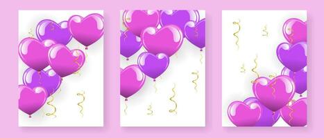 uppsättning av lyx hälsning posters med färgrik hjärta ballonger och gyllene serpentiner. födelsedag, bröllop, hjärtans dag. affisch, baner, vektor
