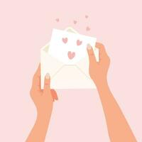 en brev i en post kuvert med hjärtan i händer på en rosa bakgrund. älskande brev design för hjärtans dag, vektor