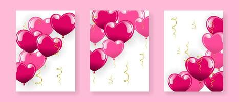 uppsättning av lyx hälsning posters med färgrik hjärta ballonger och gyllene serpentiner. födelsedag, bröllop, hjärtans dag. affisch, baner, vektor