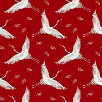 sömlös mönster, vit flygande kranar, storkar på en röd bakgrund. abstrakt bakgrund, textil, tapet, vektor