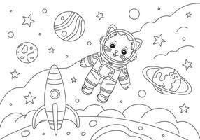 Färbung Seite mit fliegend Astronaut Katze und Planeten im Raum. Hand gezeichnet Vektor konturiert schwarz und Weiß Illustration.