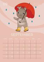 vertikal barn kalender 2024. månad av september. hare i sudd stövlar promenader i de regn med ett paraply. a5 formatera. vektor grafisk.