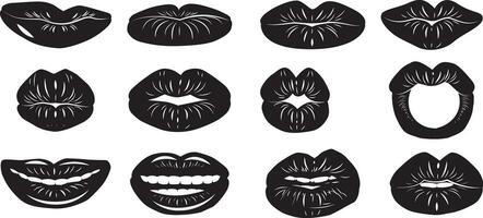 Lippen schwarz gestalten Symbol Satz. Vektor Silhouetten isoliert auf Weiß Hintergrund