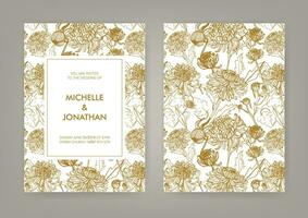 bröllop inbjudan med gyllene japansk krysantemum vertikal kort. svartvit vektor illustration.