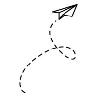 papper flygplan rader. papper flygplan med rutt linje väg. flygande papper flygplan med prickad Spår riktning. papper flygplan. vektor