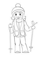 färg sida. färg bild av tecknad serie skidåkare, flicka åka skidor. barnslig design för barn aktivitet färg bok handla om vinter- sport. vektor