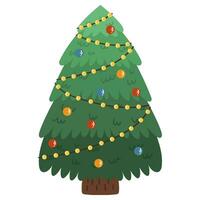 jul träd. dekorerad tall och gran med ljus krans, bollar och band. vektor