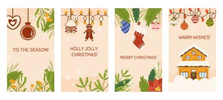 social media jul berättelser mall med kopia Plats. vertikal baner dekorerad med gran växter grenar, träd leksaker, ljus krans, pepparkaka kaka och hus vektor