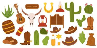 samling med cowboy associerad element i platt hade dragen stil. tjur skalle, dynamit och tequila flaska, cowboys stövlar och hatt, kaktus växter, väska med pengar vektor