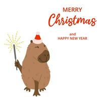 vinter- fyrkant festlig kort på vit bakgrund. kapybara, röd hatt, bengal brand och text glad jul. hand dragen platt vektor stil. Semester säsong- dekoration.