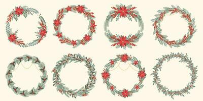 uppsättning elegant dörr jul kransar i platt hand dragen stil. vinter- Semester dekoration. julstjärna, järnek, jul träd grenar och bär. design element för kort, affisch, inbjudan, baner vektor
