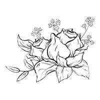 Tinte. Blumen- Komposition mit zart öffnen Rose Blumen und Wald Vergissmeinnicht. Wildblumen und Rose Blätter. ein stilvoll Illustration zum Karten Färbung Drucke, Plakate und Textil- Drucken vektor