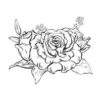 Tinte. Blumen- Komposition mit zart öffnen Rose Blumen und Wald Vergissmeinnicht. Wildblumen und Rose Blätter. ein stilvoll Illustration zum Karten Färbung Drucke, Plakate und Textil- Drucken vektor