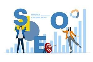 SEO Analyse Konzept. oben Rangfolge. das SEO Optimierung Graph ist steigend und das groß Pfeil ist zeigen nach oben. Performance Marketing, Analytik und Suche Motor Ranglisten. Vektor Illustration.