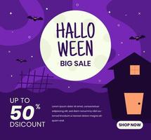 Happy Halloween Social Media Post Banner mit Mond- und Home-Illustration im lila Himmelshintergrund vektor