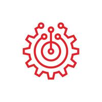 eps10 rot Technologie Ausrüstung Konzept Geschäft Vektor Logo Vorlage Design. Zahnrad Mechaniker Gliederung unterzeichnen. Computer Netzwerk SEO Linie Kunst Symbol isoliert auf Weiß Hintergrund. Suche Motor Optimierung.