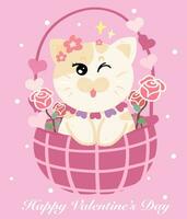 valentine hälsning kort, katt tecknad serie karaktär, Lycklig hjärtans dag hand teckning illustration vektor