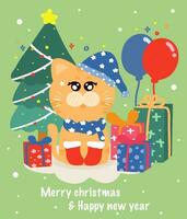 glad jul och Lycklig ny år hälsning kort, katt med gåva tecknad serie karaktär, jul hand teckning illustration vektor