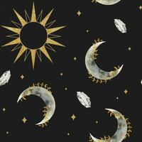 Halbmond Mond, Sterne, Sonne und Kristalle. Aquarell nahtlos Muster. Halbmond Monde. esoterisch Zeichen und Symbole. isoliert. minimalistisch drucken zum Design, drucken, Stoff oder Hintergrund. vektor
