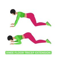 vektor kvinna håller på med knä golv tricep förlängning. kroppsvikt kondition ärm tricep träna träning. ett pedagogisk illustration på en vit bakgrund.