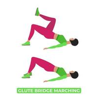 vektor kvinna håller på med glute bro marscherande. stånga hiss ben höja. kroppsvikt kondition ben träna träning. ett pedagogisk illustration på en vit bakgrund.