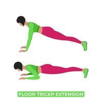 vektor kvinna håller på med golv tricep förlängning. kroppsvikt kondition ärm tricep träna träning. ett pedagogisk illustration på en vit bakgrund.
