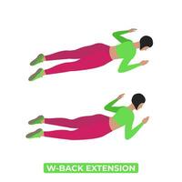 Vektor Frau tun w zurück Verlängerung. Körpergewicht Fitness zurück und Ader trainieren Übung. ein lehrreich Illustration auf ein Weiß Hintergrund.