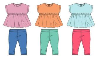 multi Farbe Baby Mädchen Spitzen Bluse Kleid und Hose technisch Zeichnung Mode eben skizzieren Vektor Illustration Vorlage