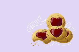 runden Plätzchen mit Marmelade Herz im das Mitte. Gekritzel. Vektor Illustration im Karikatur Stil. Valentinsgrüße Tag Süss Zucker Plätzchen Dessert Dessert Banner Illustration