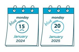 einstellen von 2 Kalender Blätter mit Datum von Blau Montag 2024, Januar 15 und 2025, Januar 20. isolieren vektor