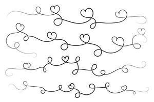 ritad för hand tunn linje hjärta virvla runt utsmyckad, vågig linje dekorativ hjärtan, kalligrafi hjärta virvla runt frodas prydnad, översikt klotter kärlek valentine dag design element, kontinuerlig linje virvla runt hjärtan vektor
