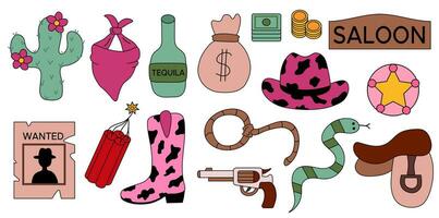 Sammlung von retro Cowgirl Elemente. Cowgirl Stiefel, Seil, Pistole, Sattel, Hut, Hufeisen, Tequila, Dynamit, Geld Tasche, Kaktus. Western und wild Westen Thema. Hand gezeichnet Vektor Illustration.