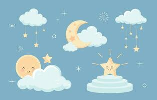 Baby Dusche Objekt zum Junge mit Ballon, Wolke, Himmel, blauer Stern vektor