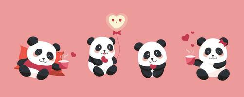 söt panda objekt uppsättning med hjärta för hjärtans dag.illustration vektor för vykort, ikon, klistermärke