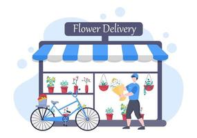 Blumenlieferservice Online-Geschäft mit Kurier, der einen Blumenstrauß hält, bestellen Sie einen Blumenstrauß mit Lastwagen, Autos oder Motorrädern. Hintergrund-Vektor-Illustration vektor