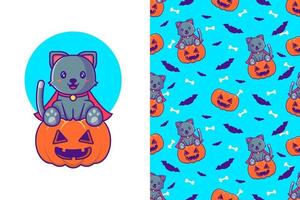 söt svart katt med pumpa glad halloween med sömlösa mönster vektor