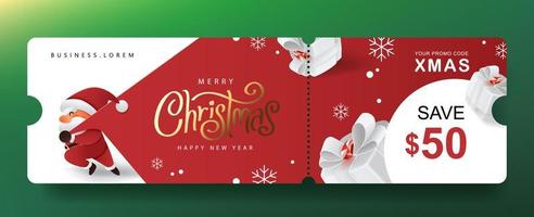 Frohe Weihnachten Geschenk Promotion Gutschein Banner mit süßem Weihnachtsmann und festlicher Dekoration vektor