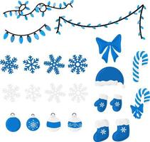 Weihnachtsvektor-Feiertagsdekoration Bandle blaue Elemente Sammlung - Weihnachtsmütze, Handschuhe und Stiefel, Schneeflocken, Zuckerstangen, Weihnachtskugeln, Blitzgirlande vektor