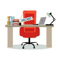 ledig plats stol på ofiice tabell. Sök anställd, ledig plats för arbete, tömma stol. vektor illustration