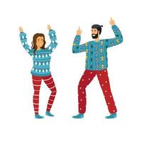 paar Leute in blauen Weihnachtspullovern, fröhliches Tanzen vektor