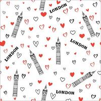 Reise London Stadt nahtlos Muster mit Liebe Herzen und groß ben Turm. britisch Wahrzeichen Hintergrund. europäisch England Ferien Hintergrund vektor