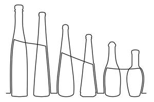skiss teckning av en flaska av annorlunda former i de stil av ett fast kontinuerlig linje. samling av alkoholhaltig drycker vektor