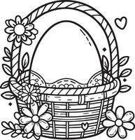 påsk glädje kanin fri förskola påsk ägg färg sidor för barn blommar och dekorerad ägg, söt påsk förskola påsk ägg färg sidor, modern Lycklig påsk svart och vit översikt teckning vektor