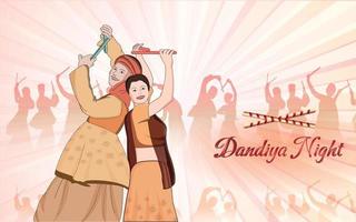 Happy Navratri - Dandia, Garba-Paar, Dandia-Charakterillustration, Dandia-Nachtbanner, Navratri-Banner, nicht vollständig bearbeitbar. vektor