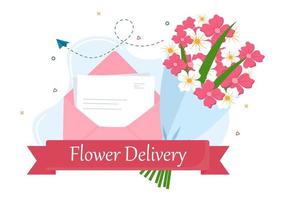 blomsterleveransservice online -verksamhet med kurir som håller en blommor beställer bukett med lastbilar, bilar eller motorcyklar. bakgrund vektor illustration