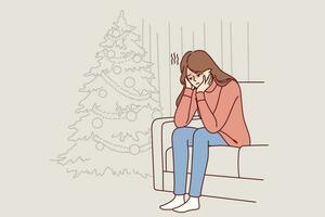 Frau ist Sitzung auf Sofa in der Nähe von Weihnachten Baum und ist traurig weil von Einsamkeit und Mangel von freunde während Neu Jahr Feiertage. Weihnachten Melancholie im Mädchen im brauchen von psychologisch Unterstützung vektor