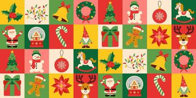 jul ikoner element med geometrisk mönster. vektor platt design för affisch, kort, tapet, affisch, baner, förpackning. santa claus, röd jul boll, band rosett