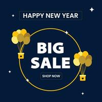 Lycklig ny år försäljning, blå och guld reklam, rabatt, erbjudande mall, vektor, illustration vektor