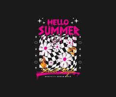 Gänseblümchen Blume Vektor Hand gezeichnet Design mit Hallo Sommer- Slogan Typografie zum Strassenmode und städtisch Stil T-Shirts Design, Hoodies, usw